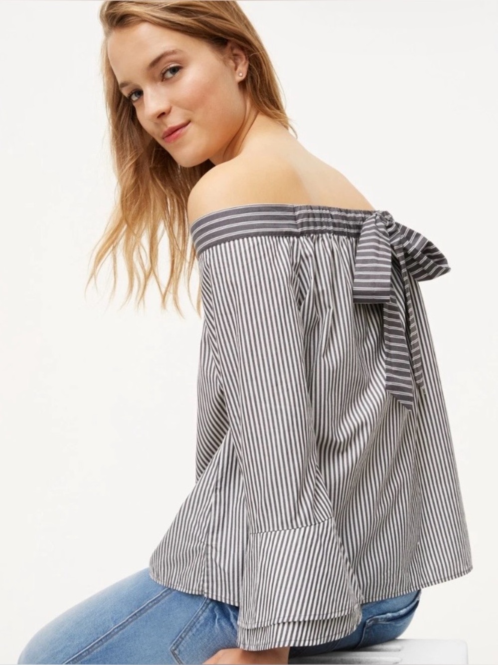 LOFT NWT off shoulder bow back striped blouse